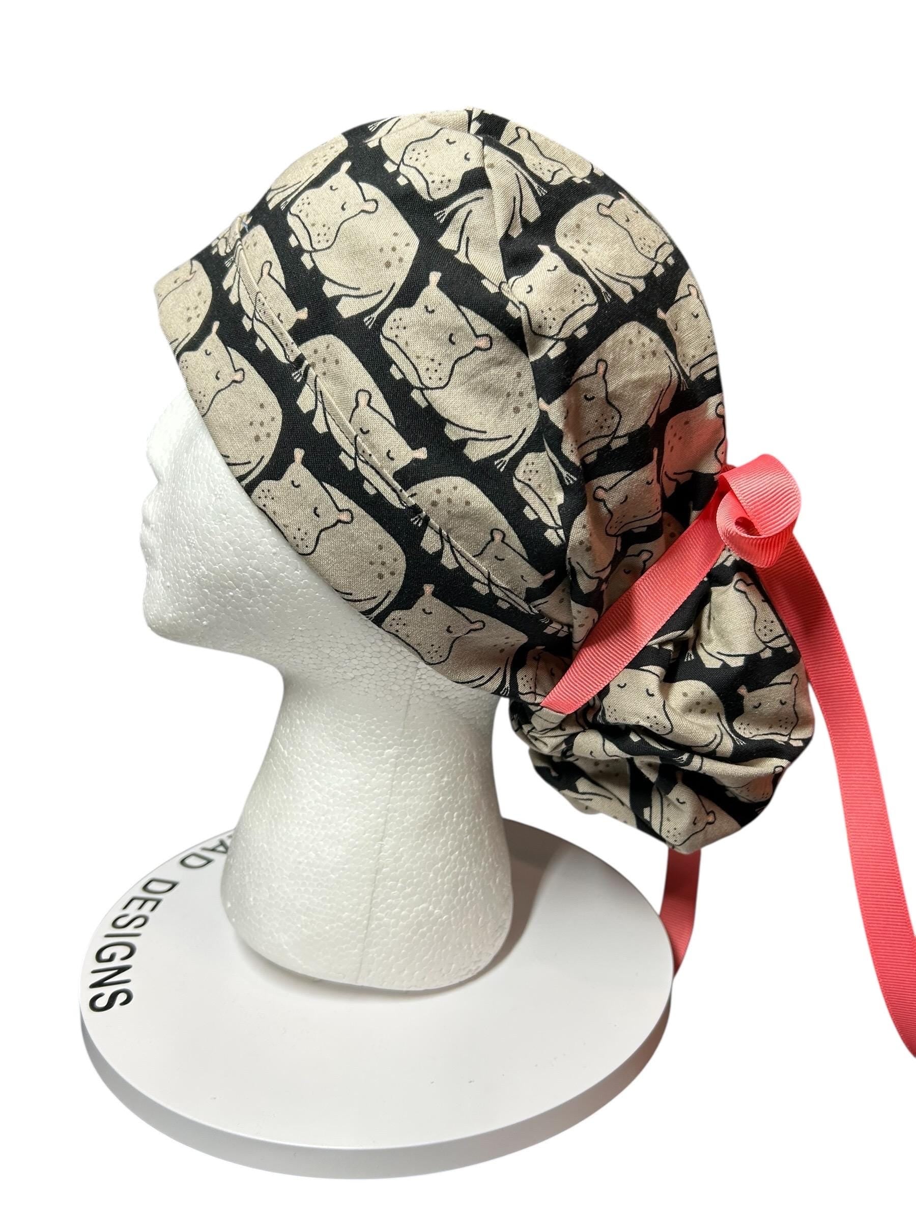 Weary Hippo Ponytail Scrub Cap- women’s scrub hat with optional satin lining, nurses week gift