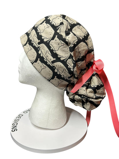 Weary Hippo Ponytail Scrub Cap- women’s scrub hat with optional satin lining, nurses week gift