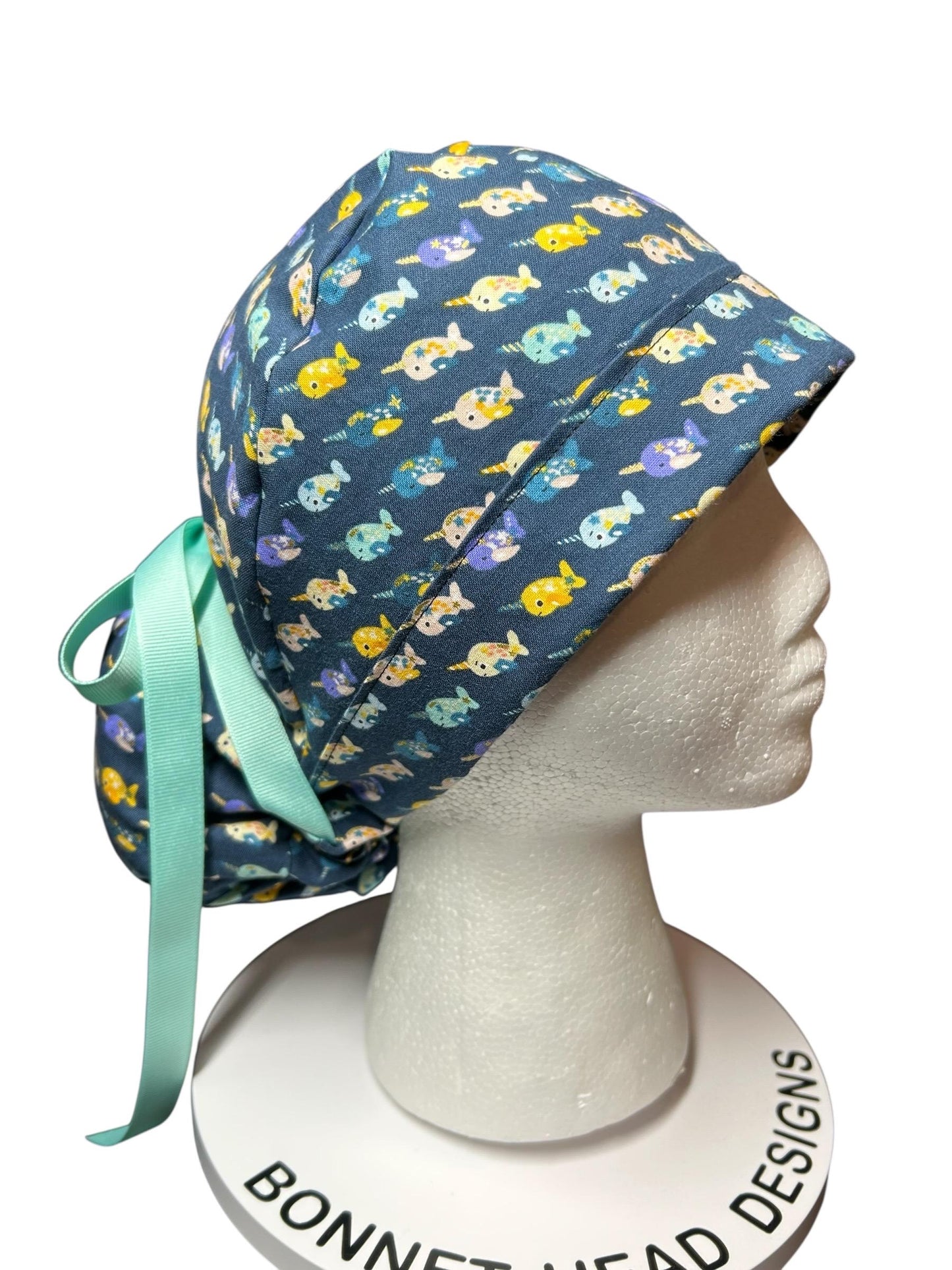 Mini narwhals Ponytail Scrub Cap- women’s scrub hat with optional satin lining