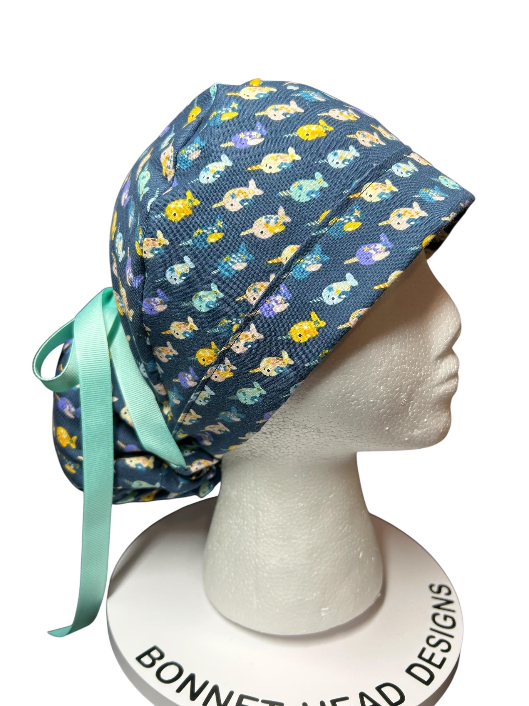 Mini narwhals Ponytail Scrub Cap- women’s scrub hat with optional satin lining