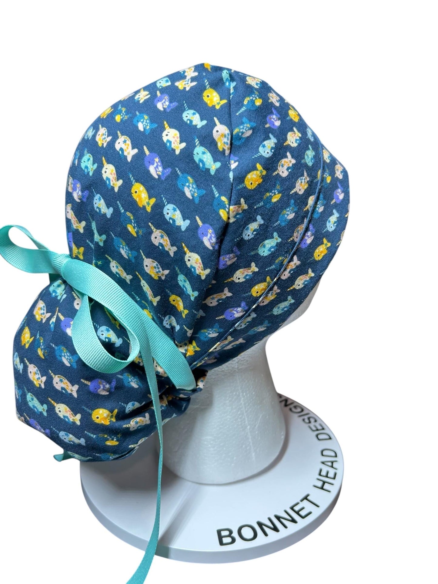 Mini narwhals Ponytail Scrub Cap- women’s scrub hat with optional satin lining