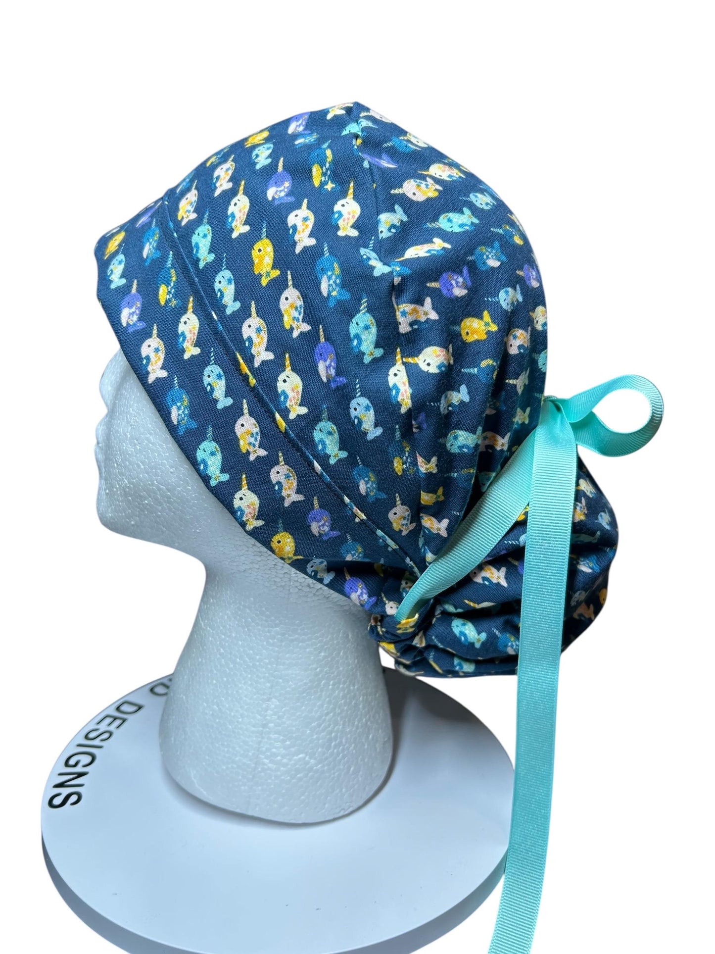 Mini narwhals Ponytail Scrub Cap- women’s scrub hat with optional satin lining