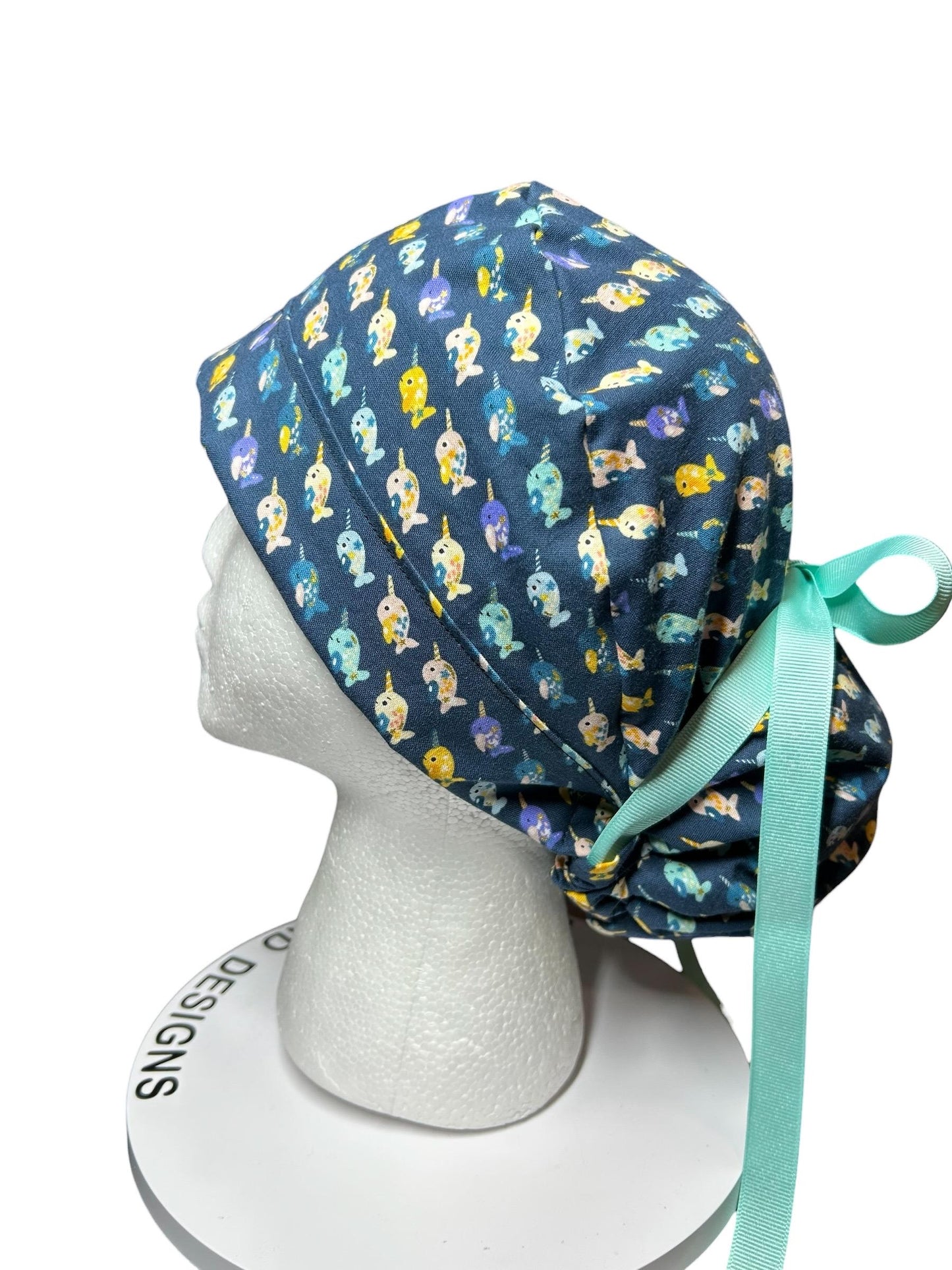 Mini narwhals Ponytail Scrub Cap- women’s scrub hat with optional satin lining