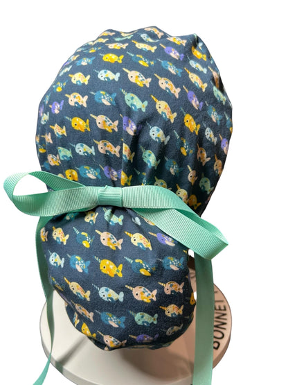 Mini narwhals Ponytail Scrub Cap- women’s scrub hat with optional satin lining