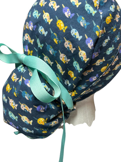 Mini narwhals Ponytail Scrub Cap- women’s scrub hat with optional satin lining