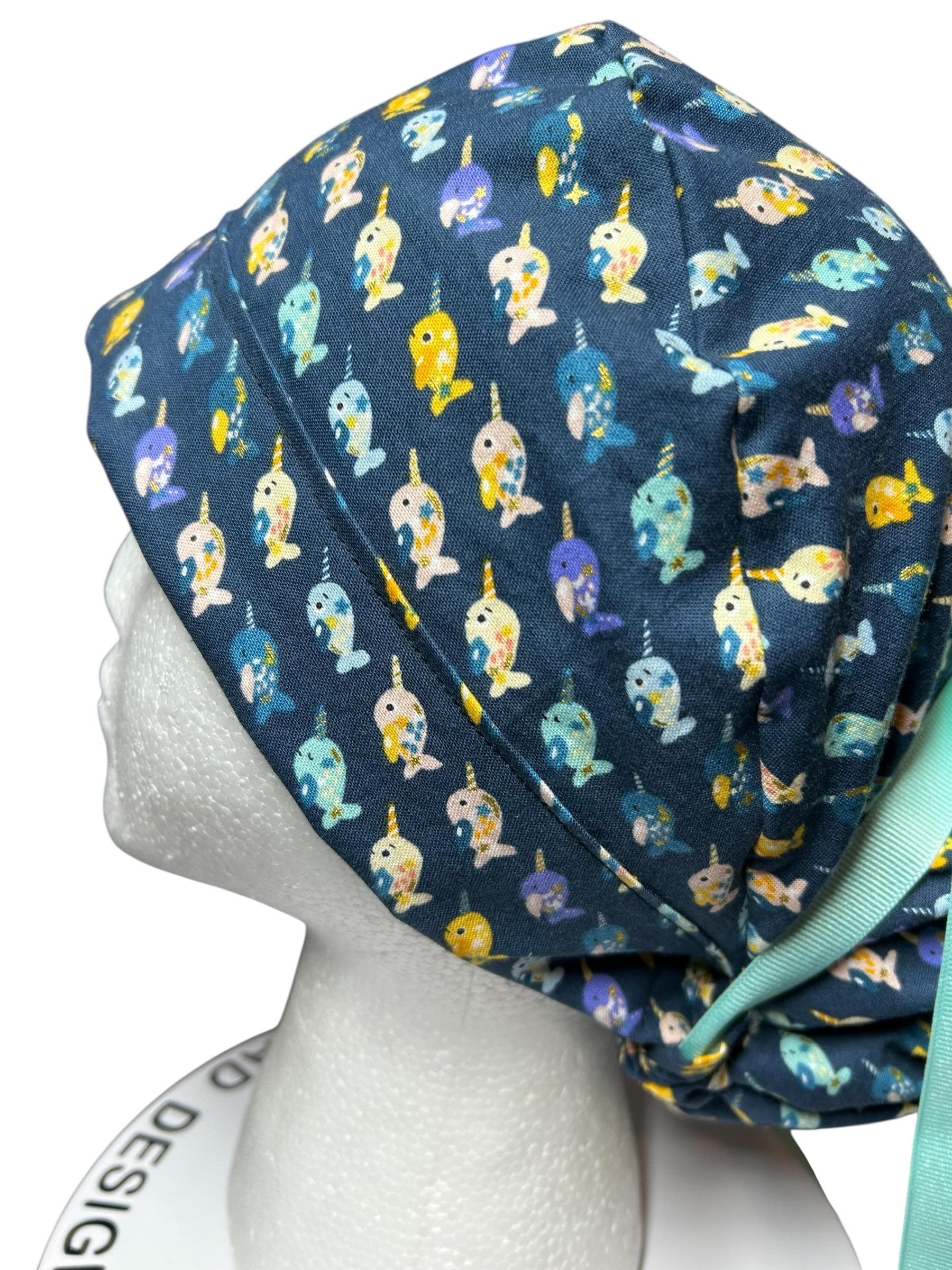 Mini narwhals Ponytail Scrub Cap- women’s scrub hat with optional satin lining