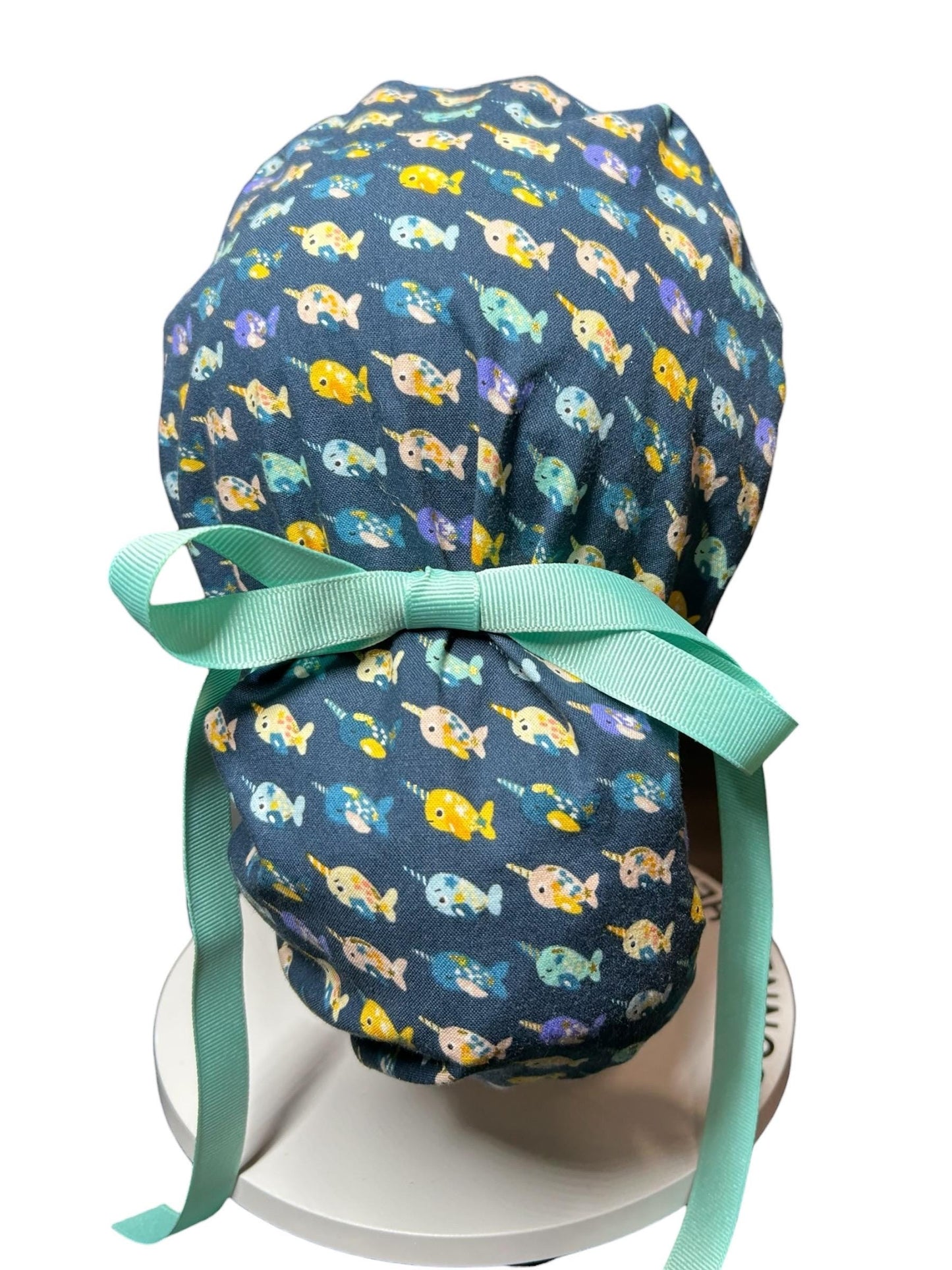 Mini narwhals Ponytail Scrub Cap- women’s scrub hat with optional satin lining