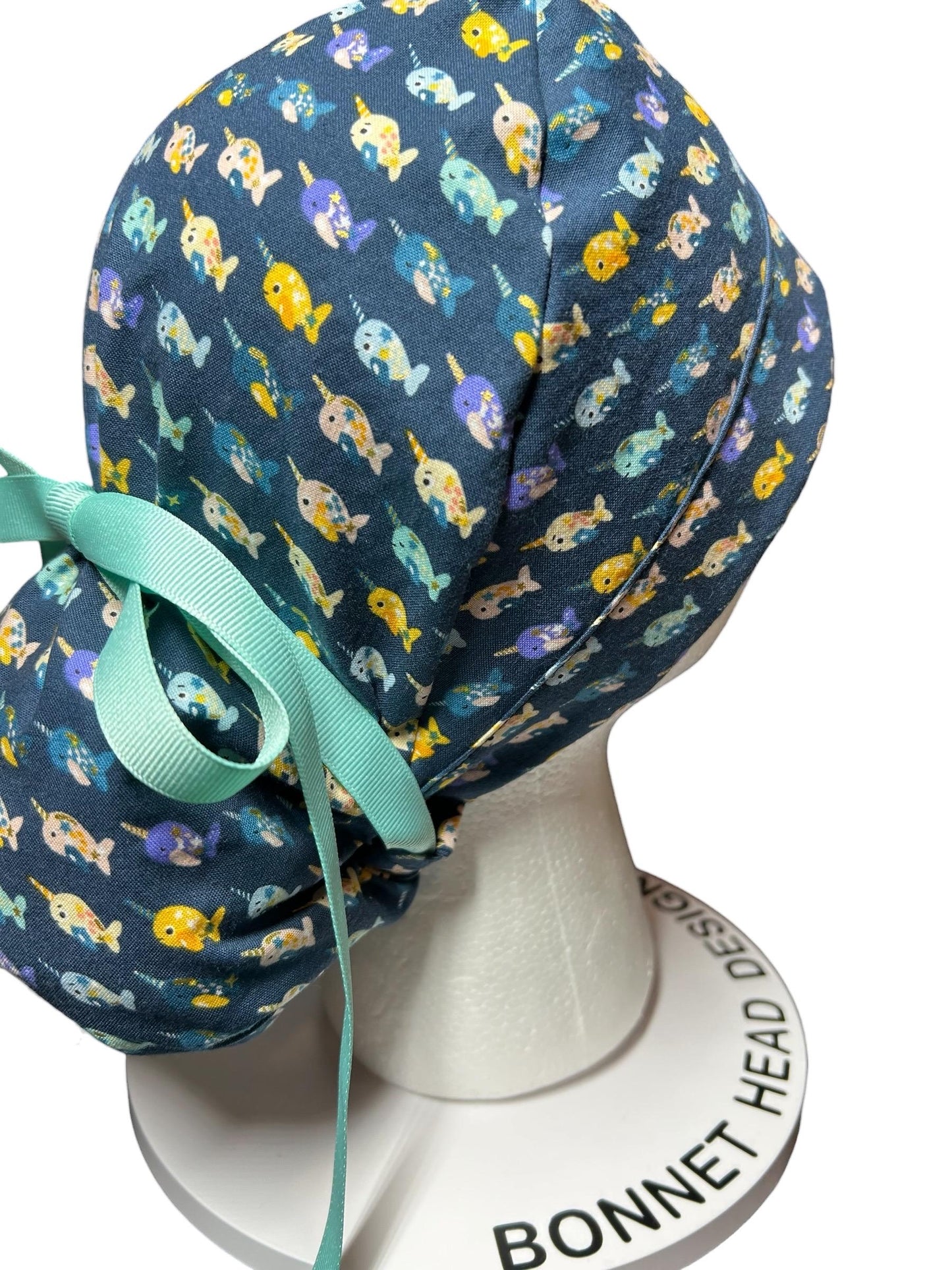 Mini narwhals Ponytail Scrub Cap- women’s scrub hat with optional satin lining