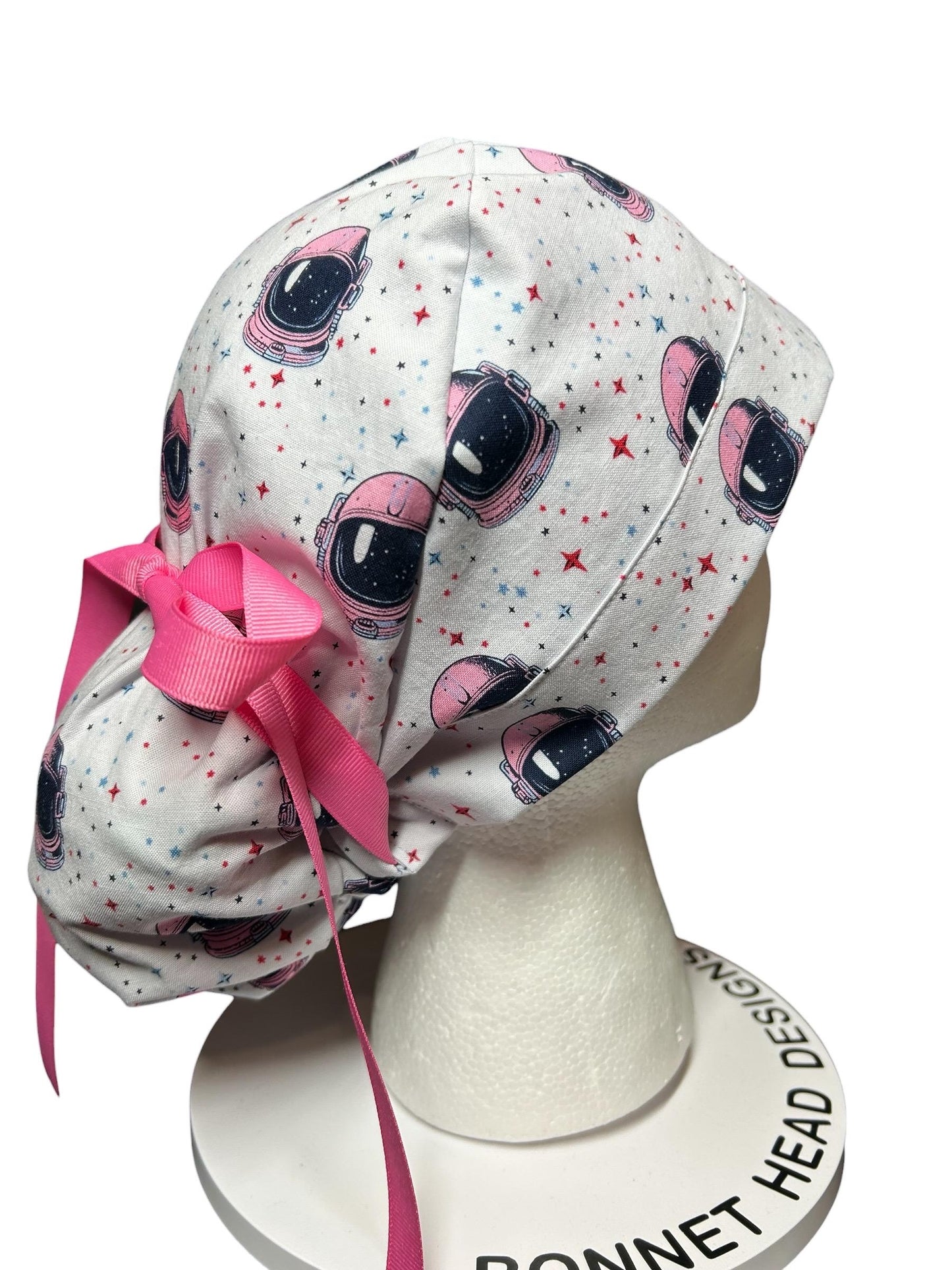 Pink Astronaut scrub cap- cute women’s ponytail scrub hat with ribbon ties and optional satin lining