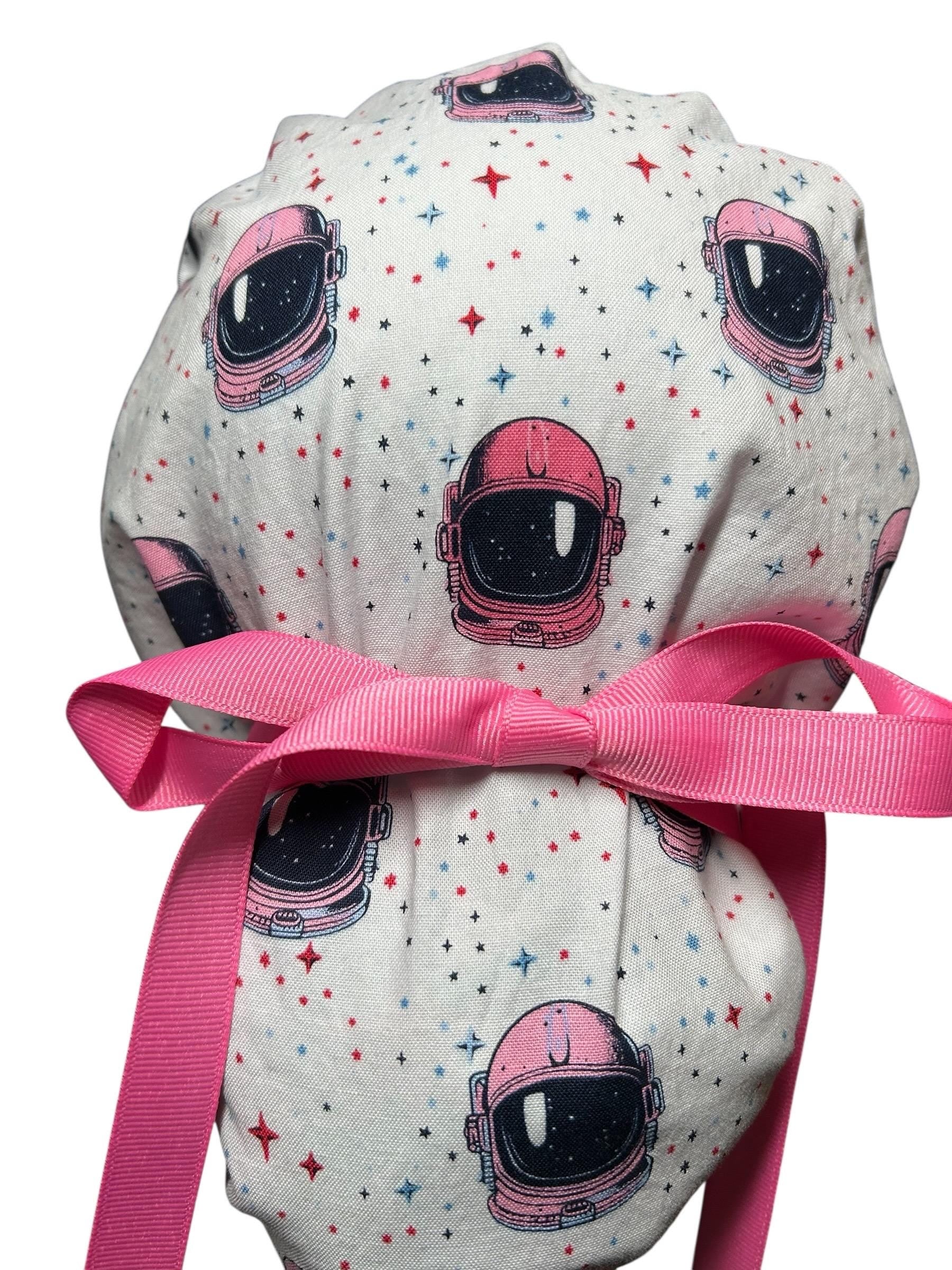 Pink Astronaut scrub cap- cute women’s ponytail scrub hat with ribbon ties and optional satin lining