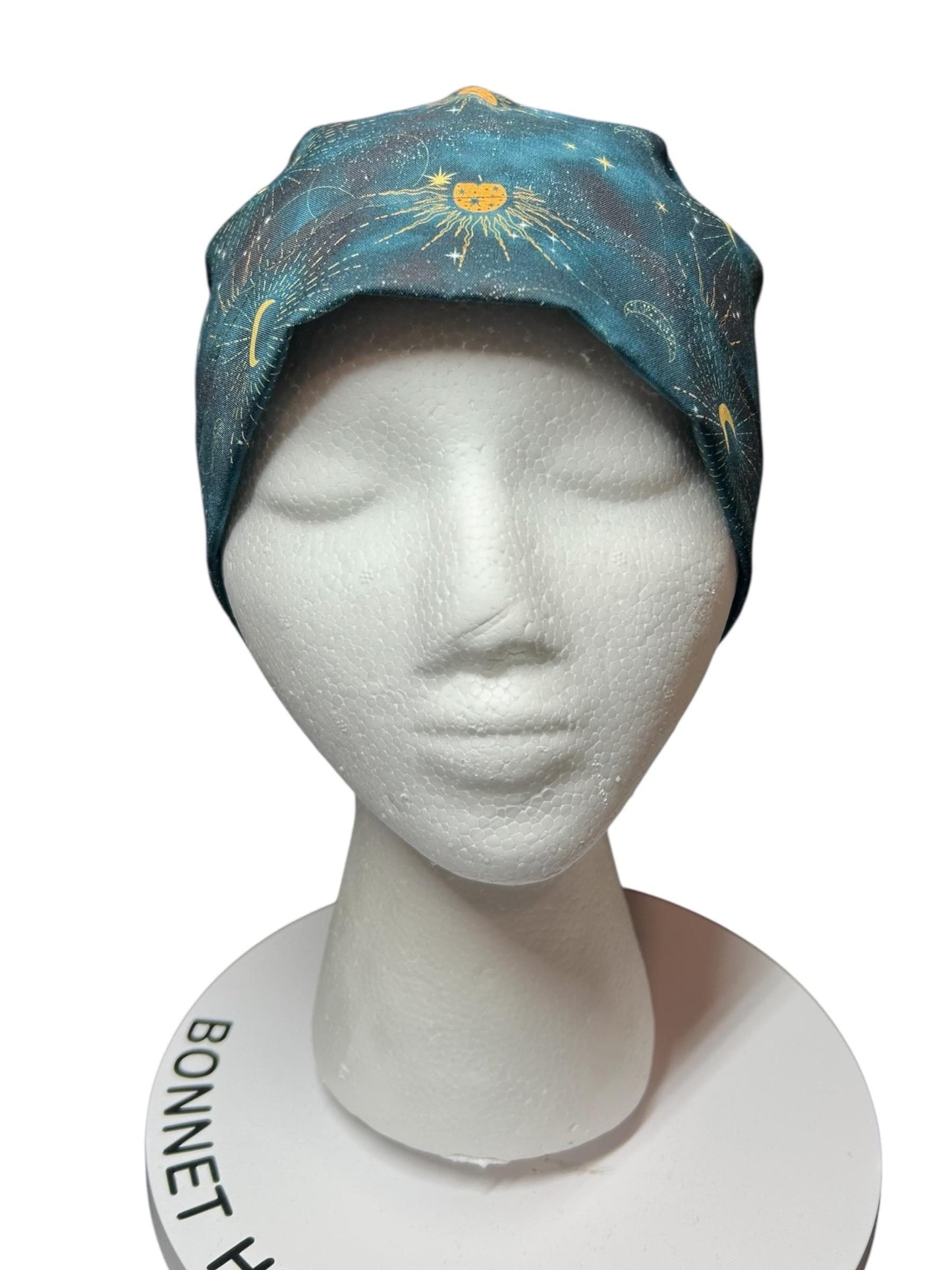 Celestial Sun and Stars Scrub Cap with Ponytail Pouch and Cinch Ties