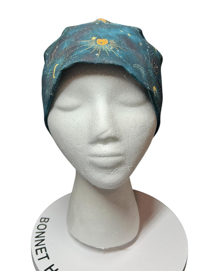 Celestial Sun and Stars Scrub Cap with Ponytail Pouch and Cinch Ties