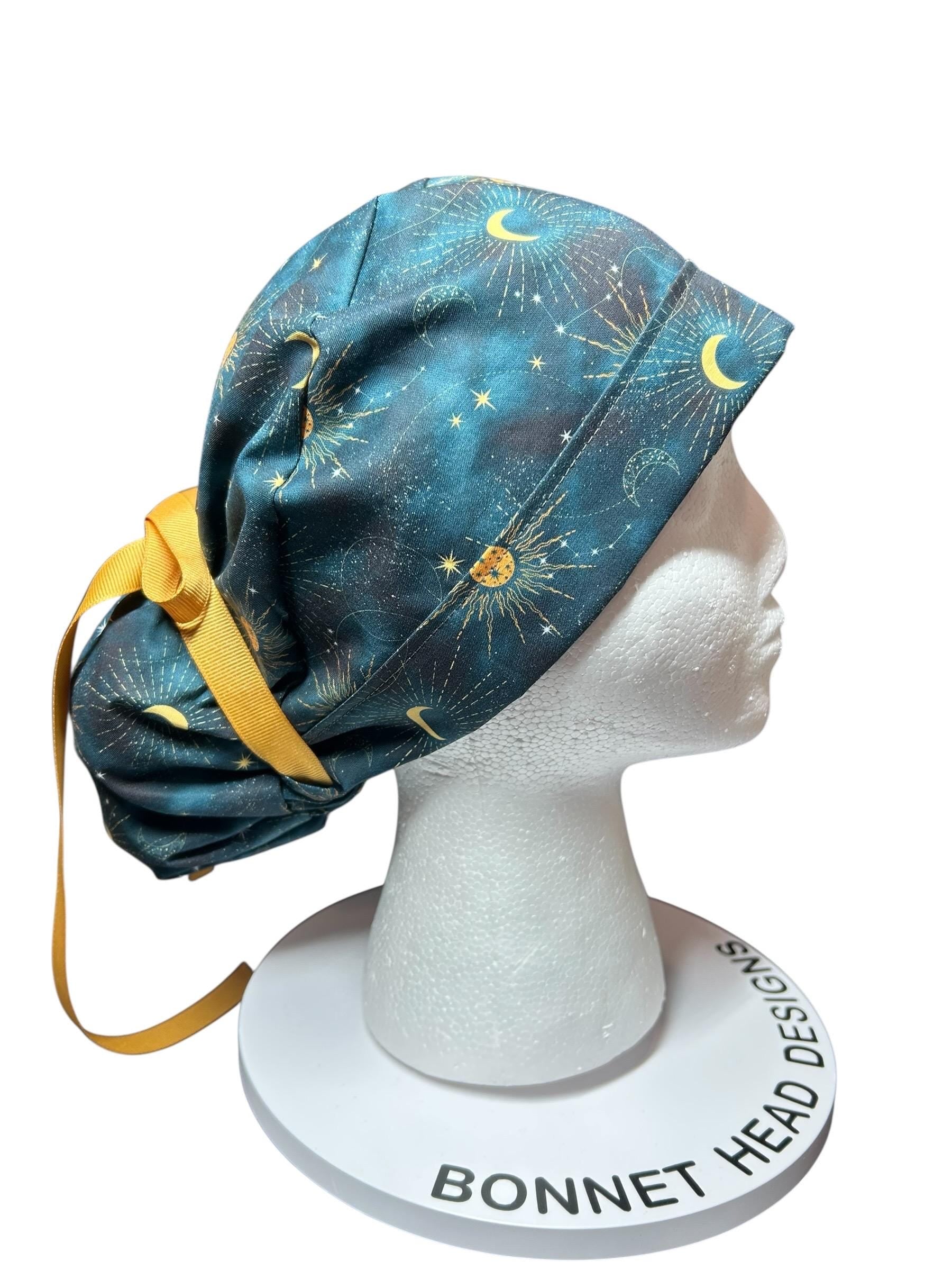 Celestial Sun and Stars Scrub Cap with Ponytail Pouch and Cinch Ties