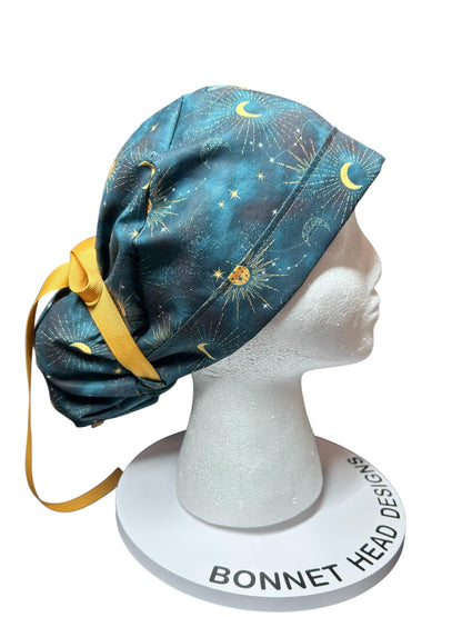 Celestial Sun and Stars Scrub Cap with Ponytail Pouch and Cinch Ties
