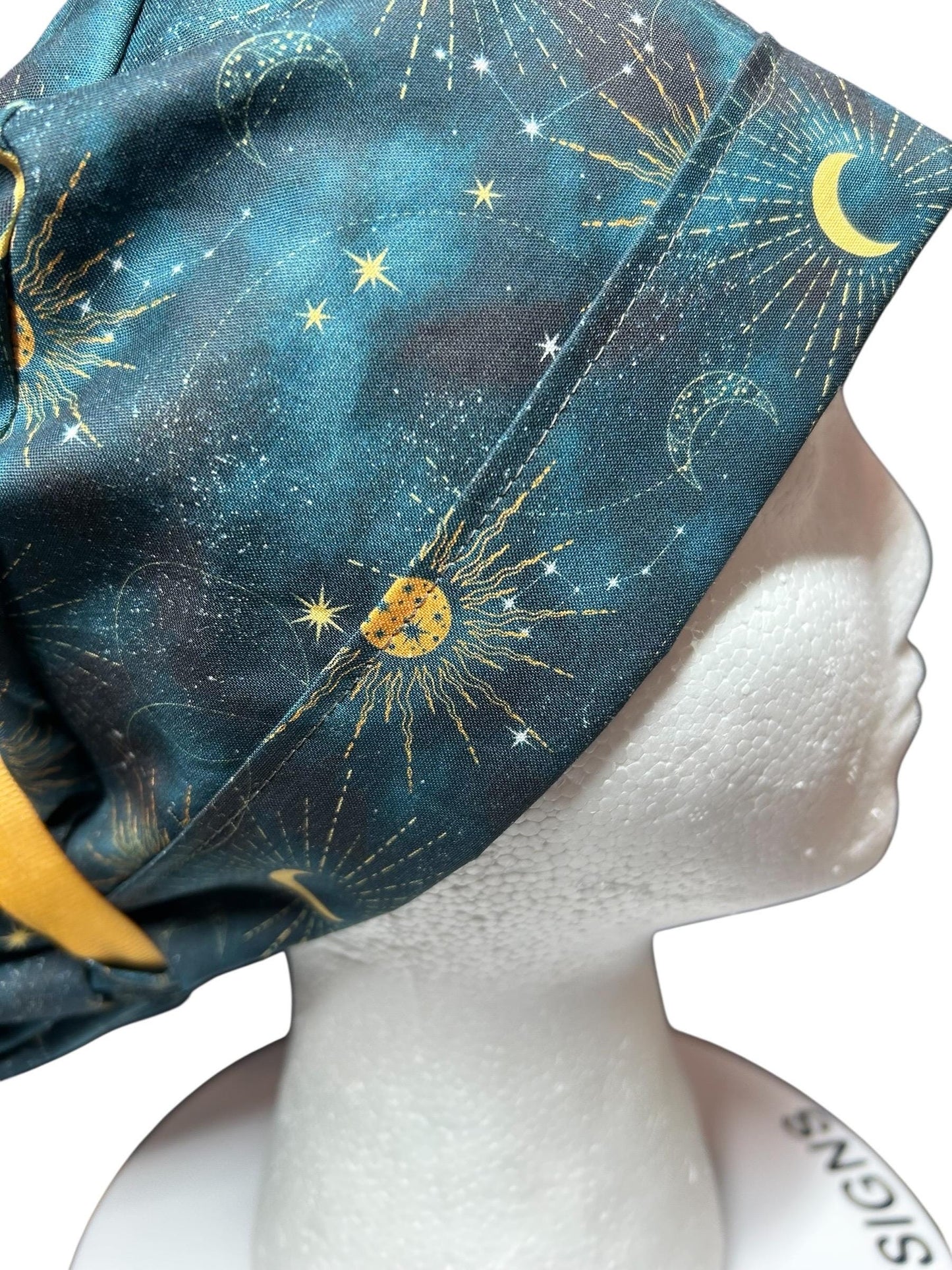 Celestial Sun and Stars Scrub Cap with Ponytail Pouch and Cinch Ties