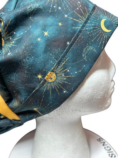 Celestial Sun and Stars Scrub Cap with Ponytail Pouch and Cinch Ties