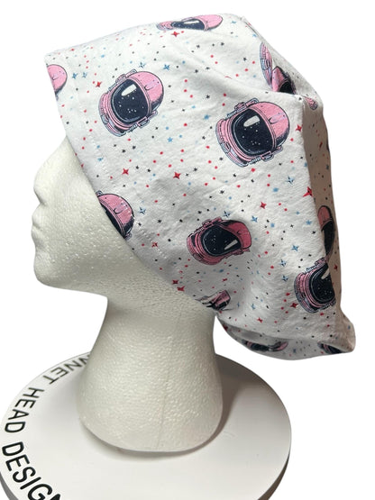 Pink Astronaut euro style scrub cap- cute women’s scrub hat with elastic and toggle