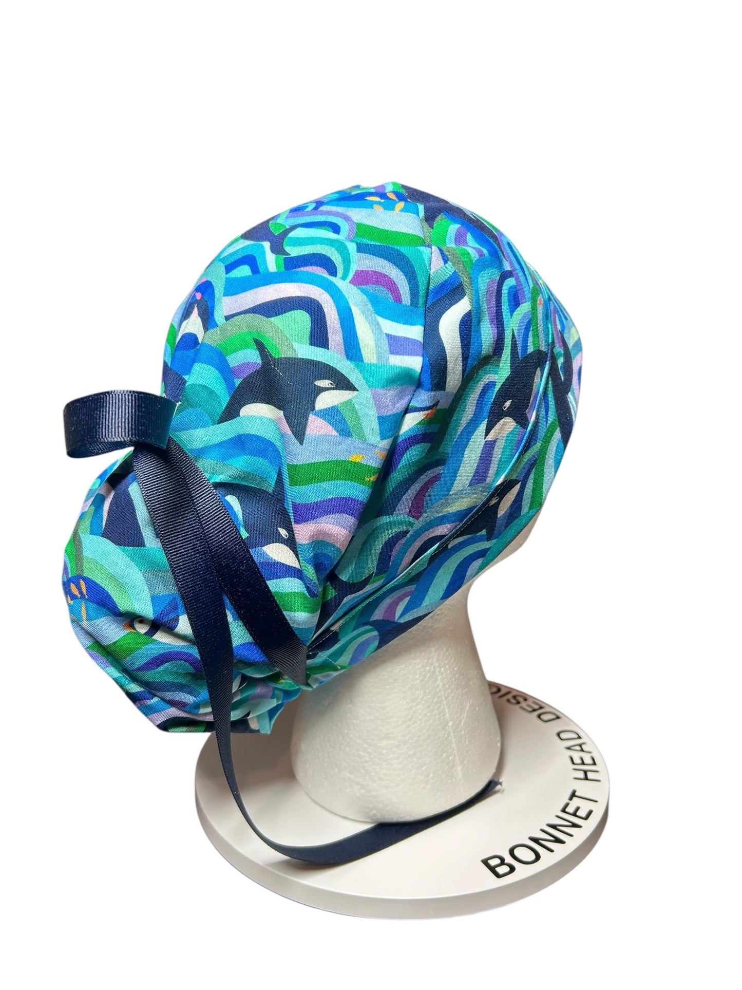 Ponytail Scrub Hat (Optional Satin Lining) | Colorful Orca Whales