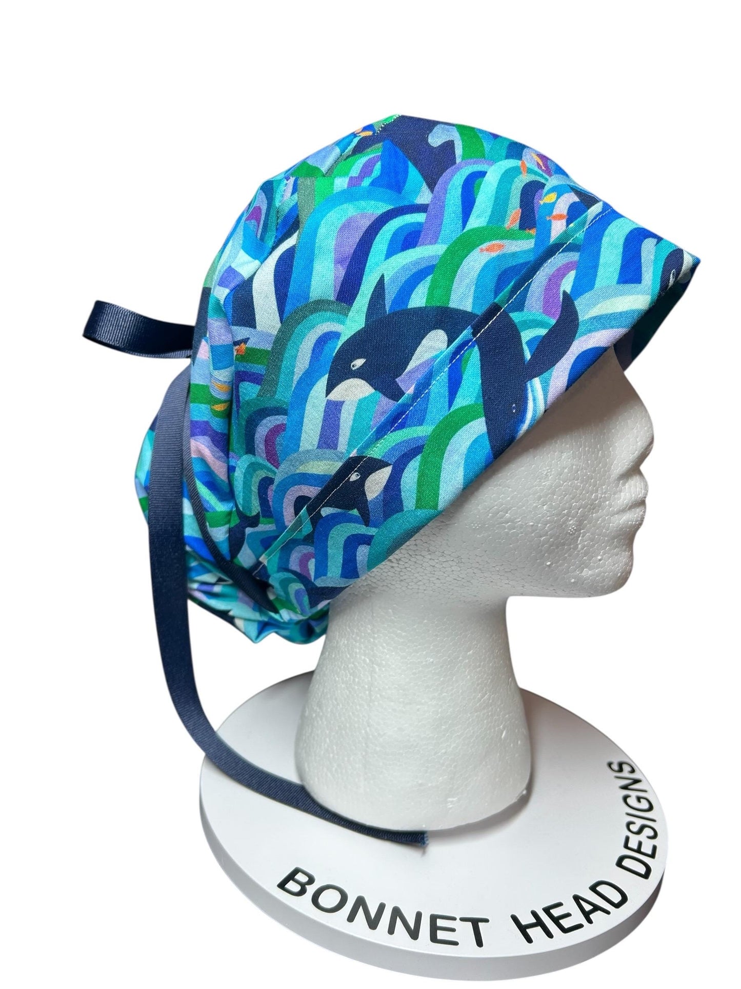 Ponytail Scrub Hat (Optional Satin Lining) | Colorful Orca Whales