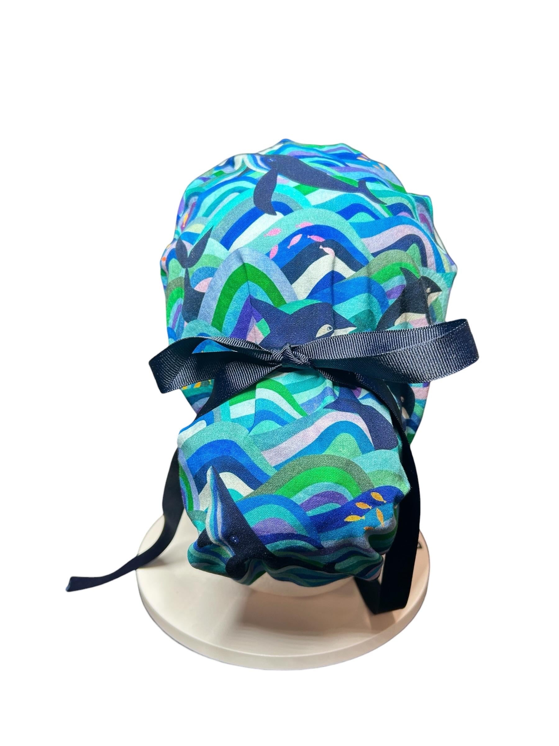 Ponytail Scrub Hat (Optional Satin Lining) | Colorful Orca Whales