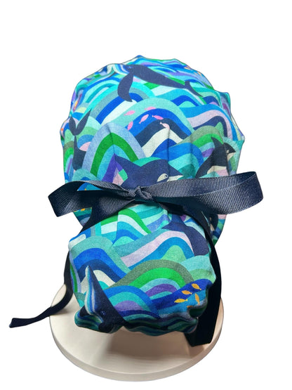Ponytail Scrub Hat (Optional Satin Lining) | Colorful Orca Whales