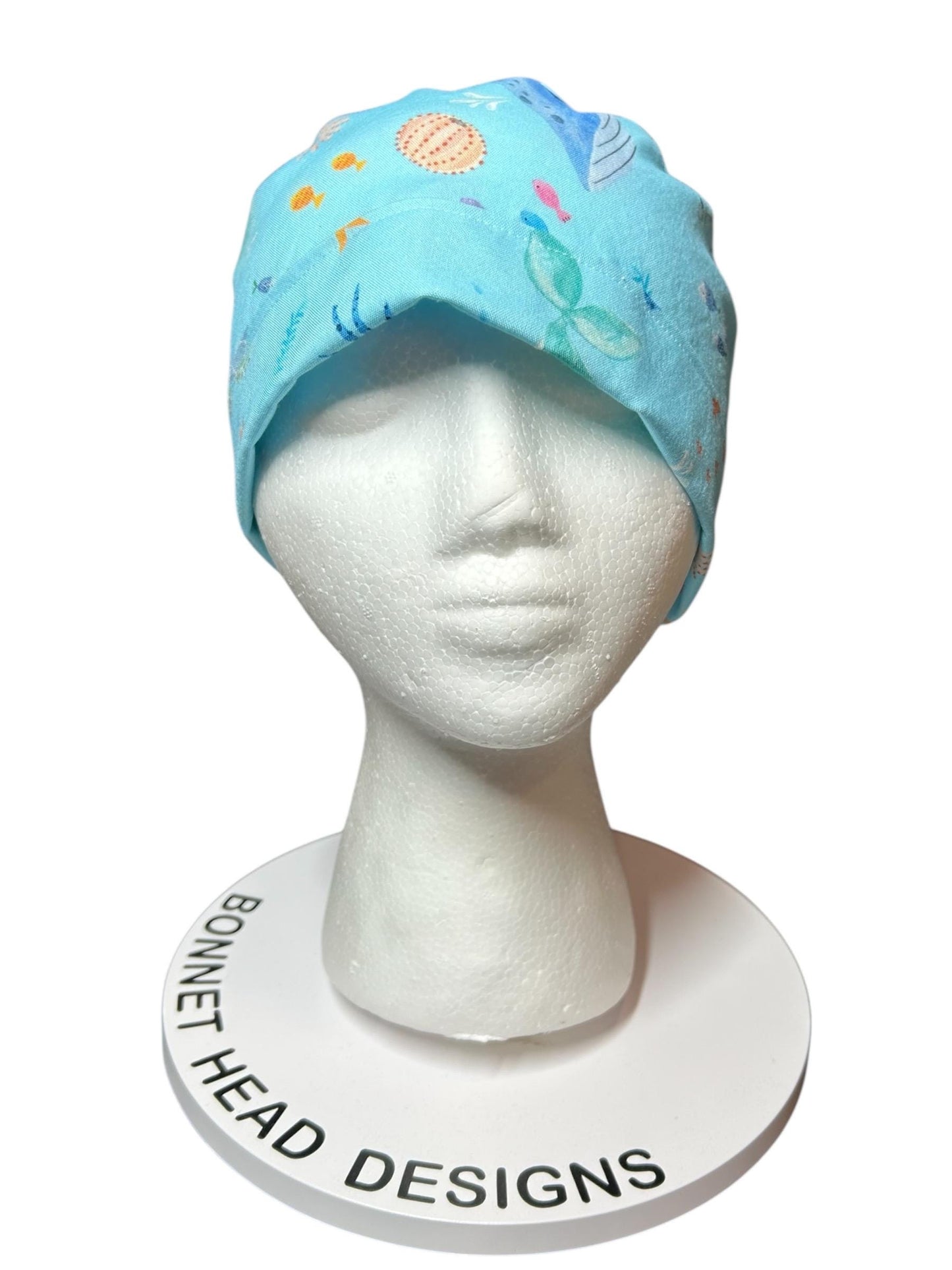 Under the Sea Print Ponytail Scrub Cap: women’s ocean themed scrub hat with ribbon ties