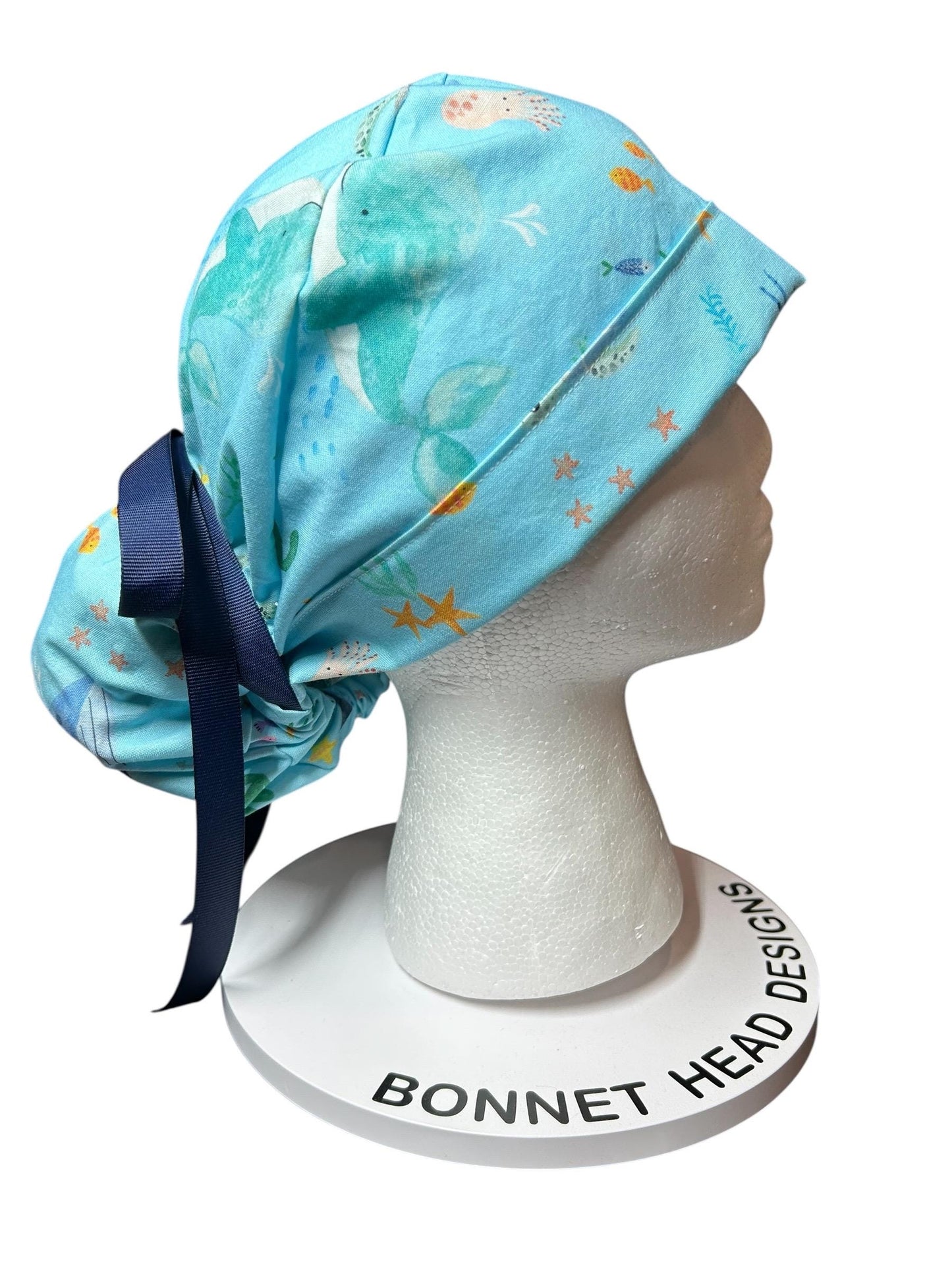 Under the Sea Print Ponytail Scrub Cap: women’s ocean themed scrub hat with ribbon ties