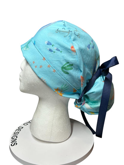 Under the Sea Print Ponytail Scrub Cap: women’s ocean themed scrub hat with ribbon ties