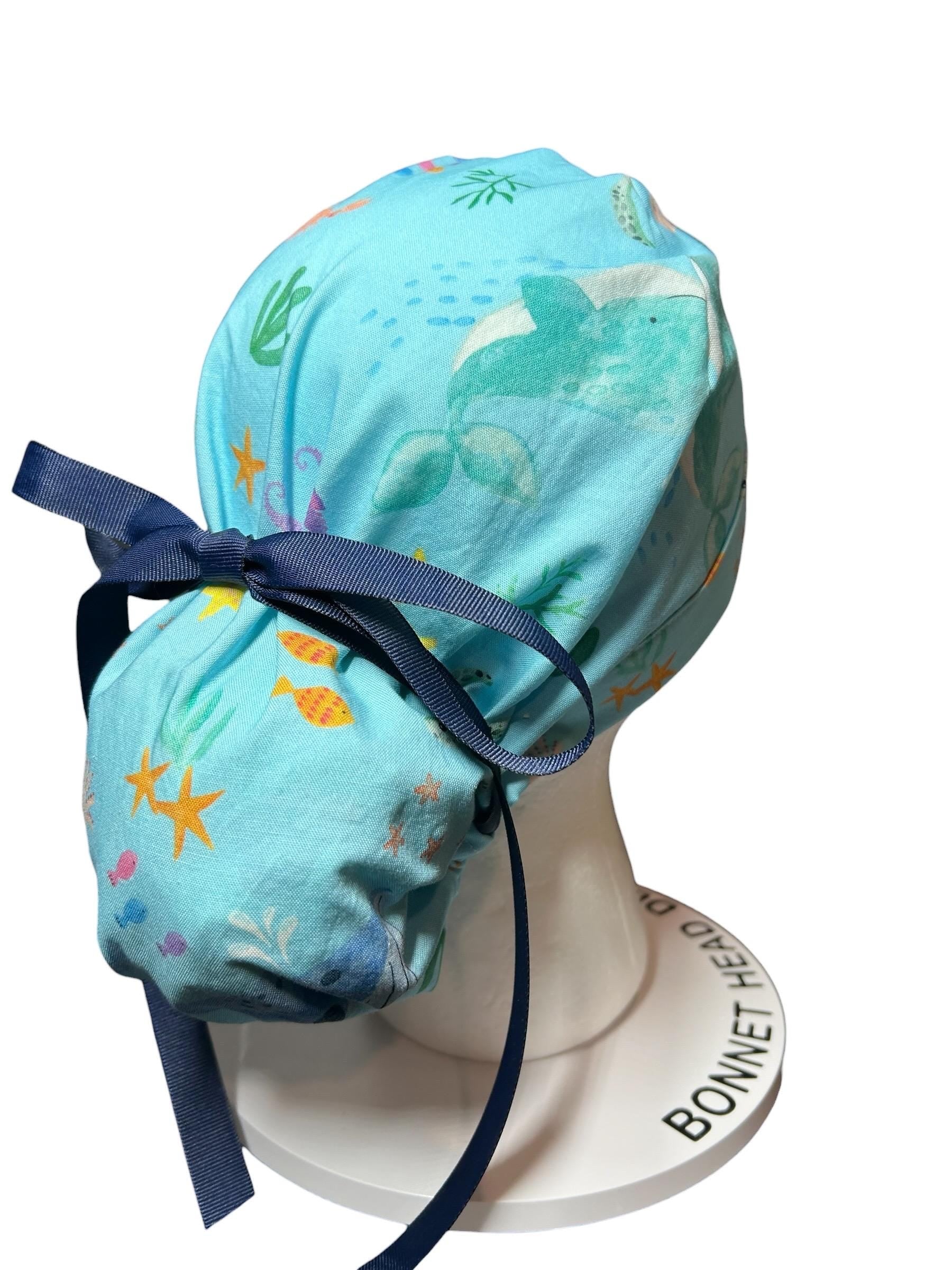 Under the Sea Print Ponytail Scrub Cap: women’s ocean themed scrub hat with ribbon ties