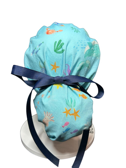 Under the Sea Print Ponytail Scrub Cap: women’s ocean themed scrub hat with ribbon ties
