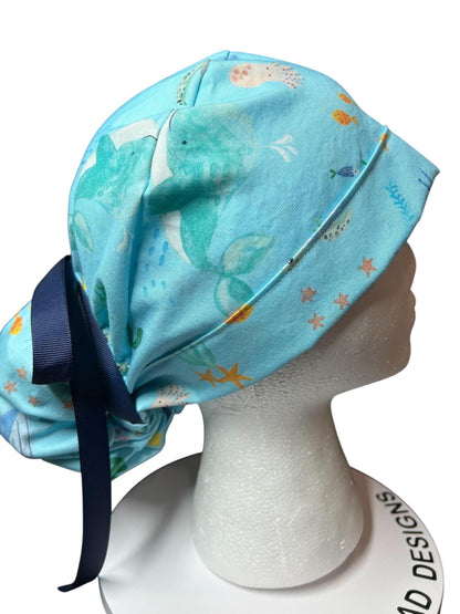 Under the Sea Print Ponytail Scrub Cap: women’s ocean themed scrub hat with ribbon ties