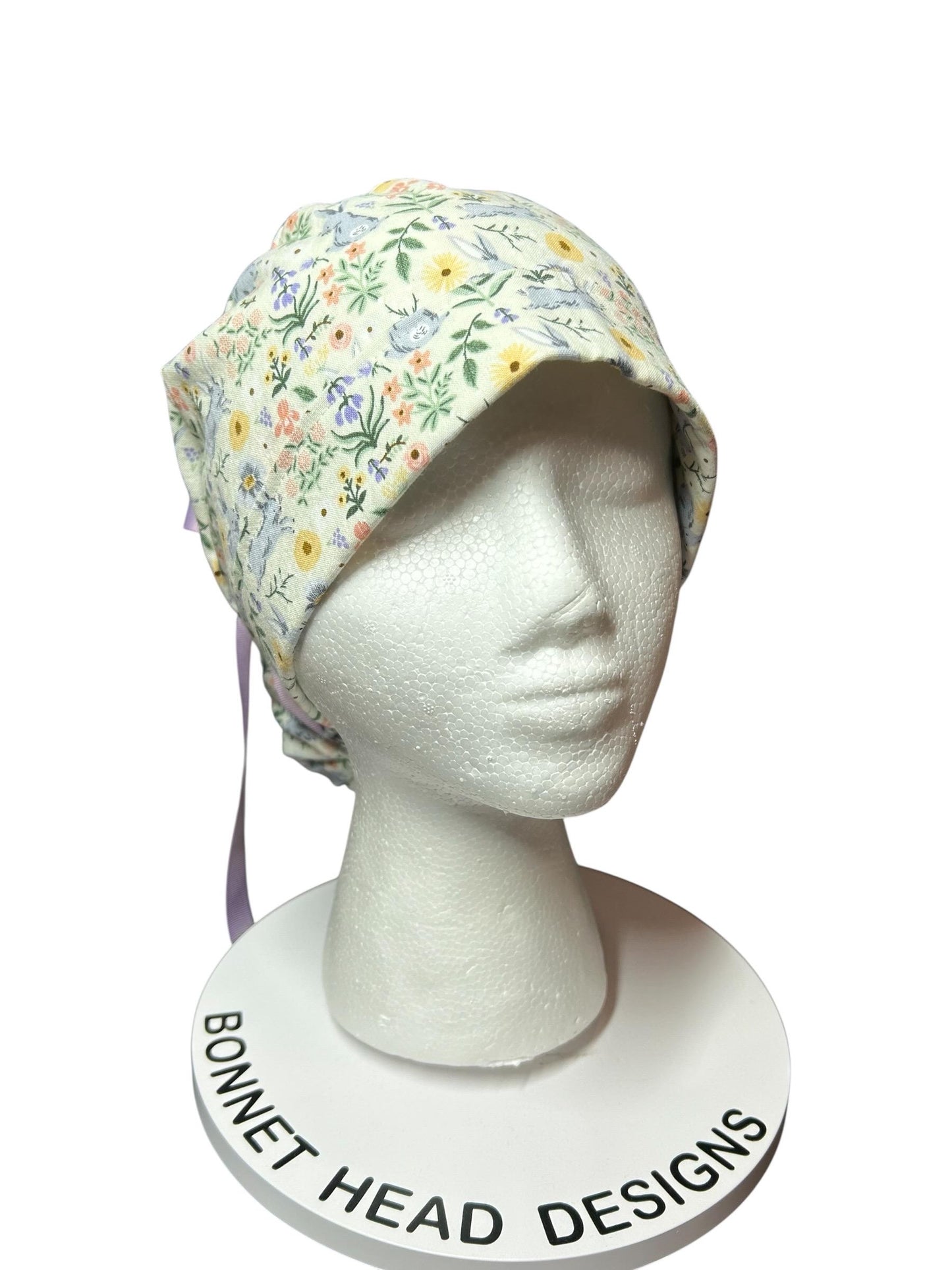 Rifle Paper Co Easter Scrub Cap: Bunny Print Ponytail Hat with ribbon ties