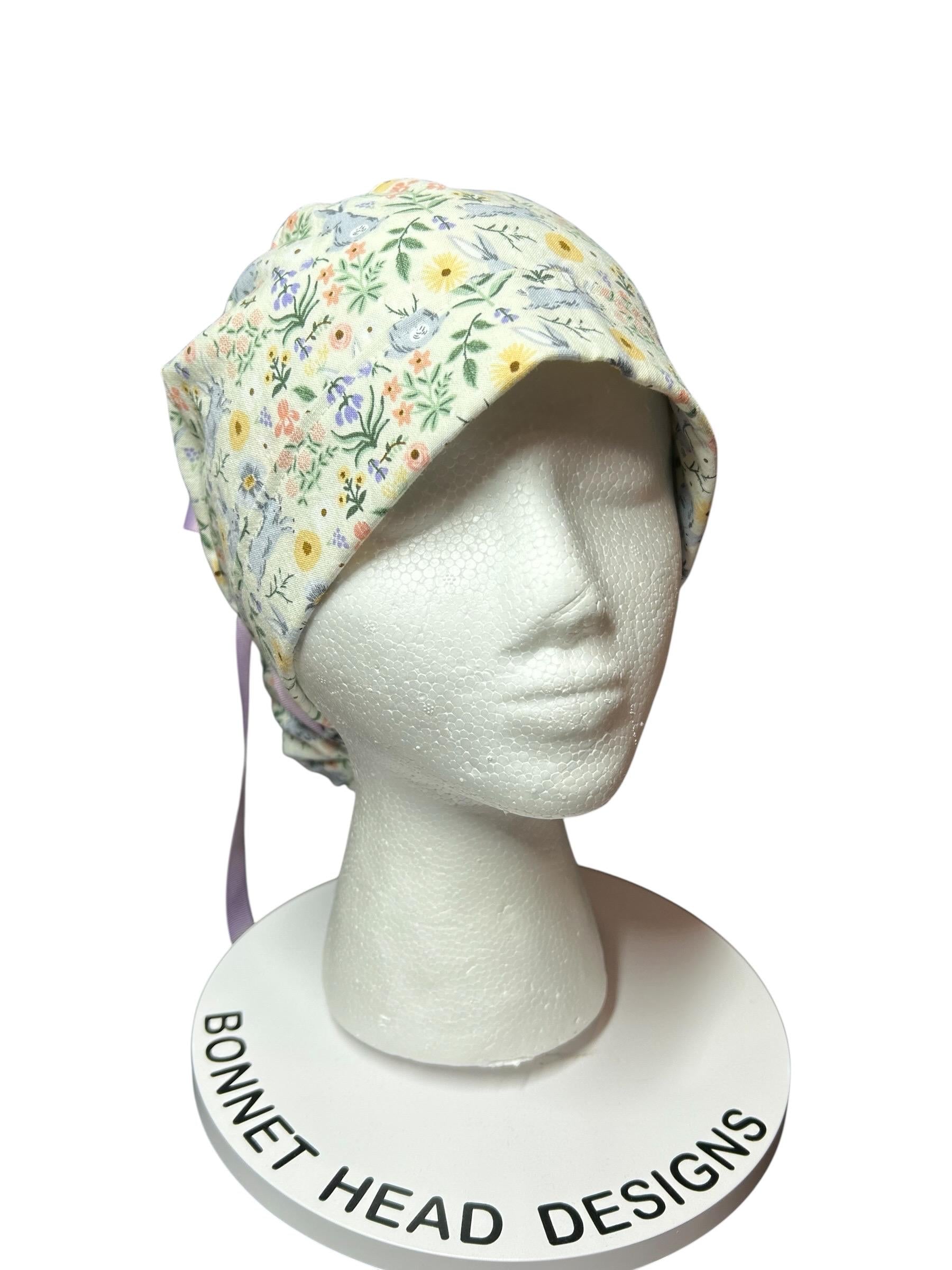 Rifle Paper Co Easter Scrub Cap: Bunny Print Ponytail Hat with ribbon ties
