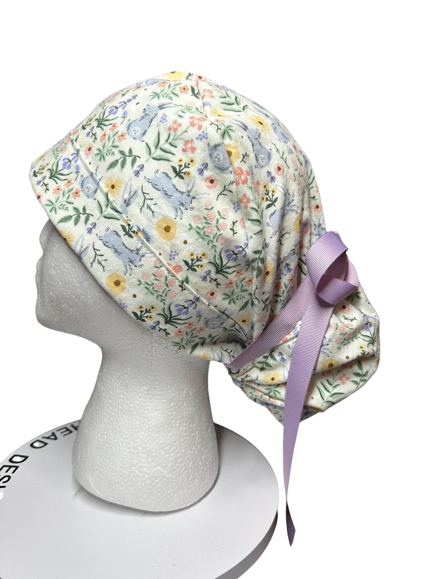 Rifle Paper Co Easter Scrub Cap: Bunny Print Ponytail Hat with ribbon ties