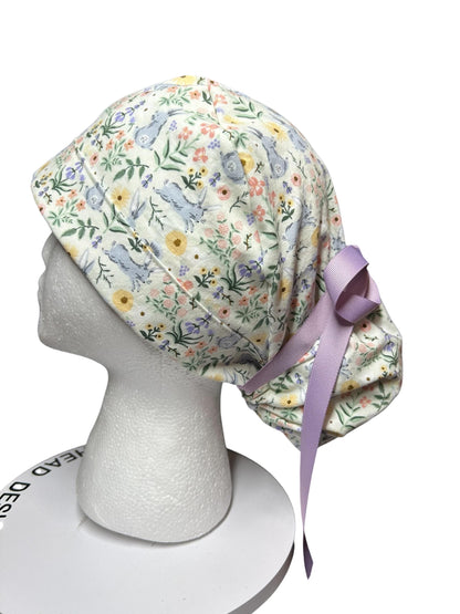 Rifle Paper Co Easter Scrub Cap: Bunny Print Ponytail Hat with ribbon ties