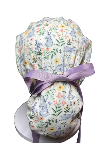Rifle Paper Co Easter Scrub Cap: Bunny Print Ponytail Hat with ribbon ties
