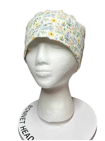 Rifle Paper Co Easter Scrub Cap: Bunny Print Ponytail Hat with ribbon ties