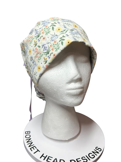 Rifle Paper Co Easter Scrub Cap: Bunny Print Ponytail Hat with ribbon ties
