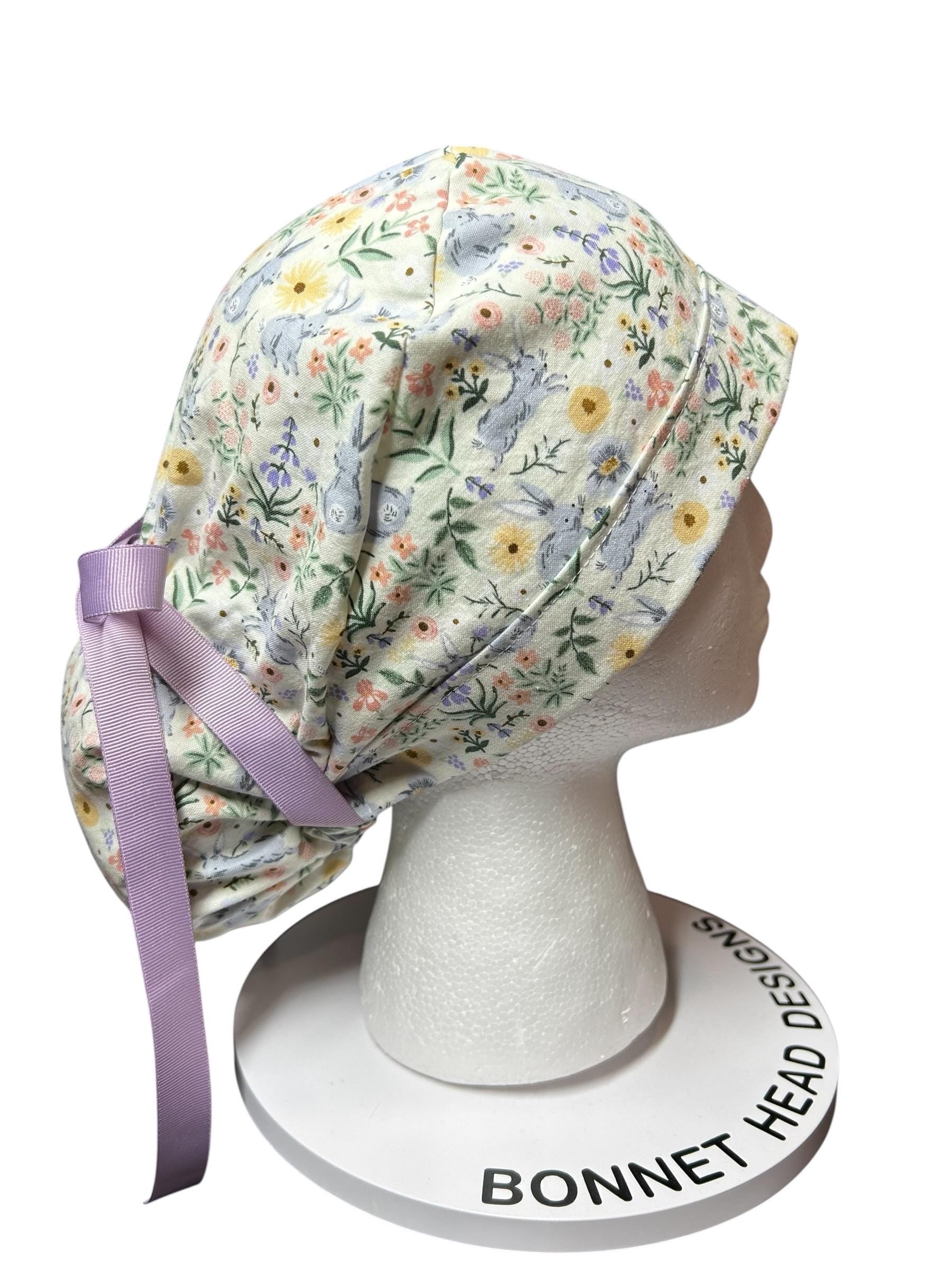 Rifle Paper Co Easter Scrub Cap: Bunny Print Ponytail Hat with ribbon ties
