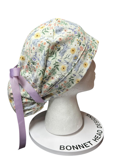 Rifle Paper Co Easter Scrub Cap: Bunny Print Ponytail Hat with ribbon ties