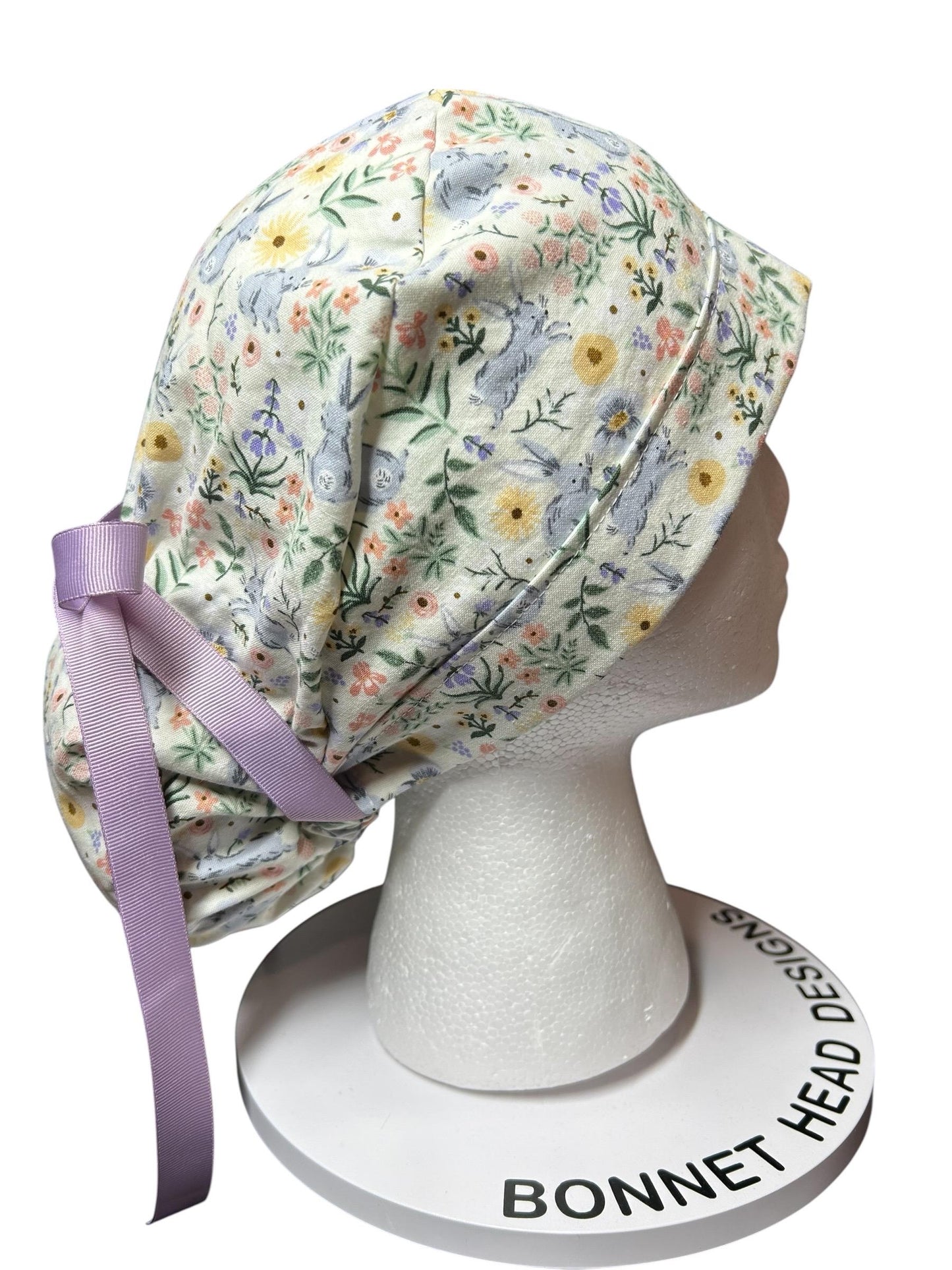 Rifle Paper Co Easter Scrub Cap: Bunny Print Ponytail Hat with ribbon ties
