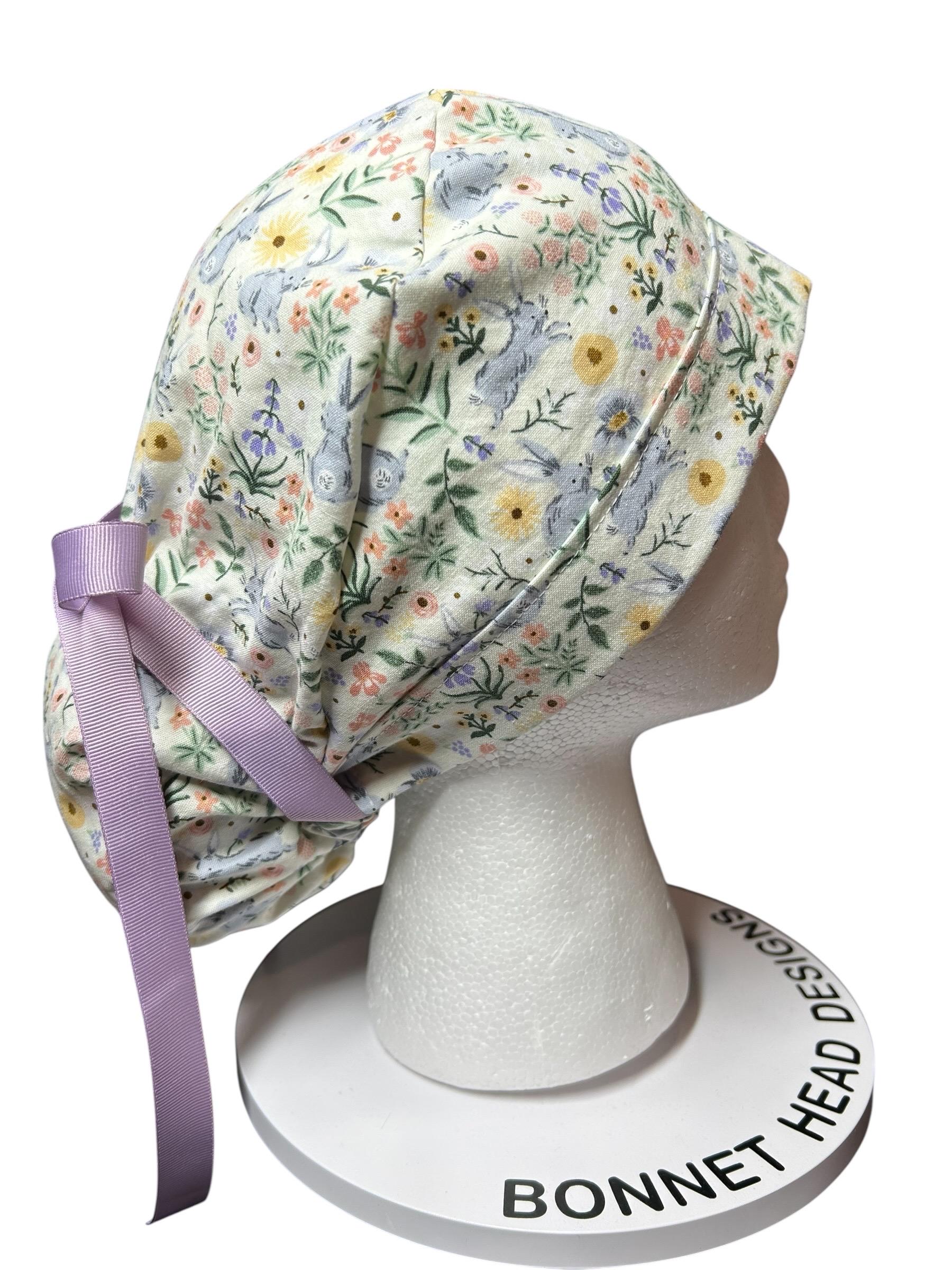 Rifle Paper Co Easter Scrub Cap: Bunny Print Ponytail Hat with ribbon ties