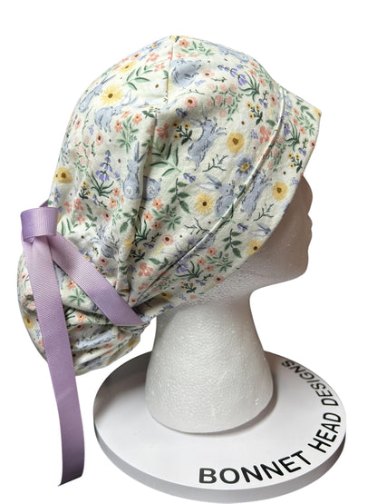 Rifle Paper Co Easter Scrub Cap: Bunny Print Ponytail Hat with ribbon ties