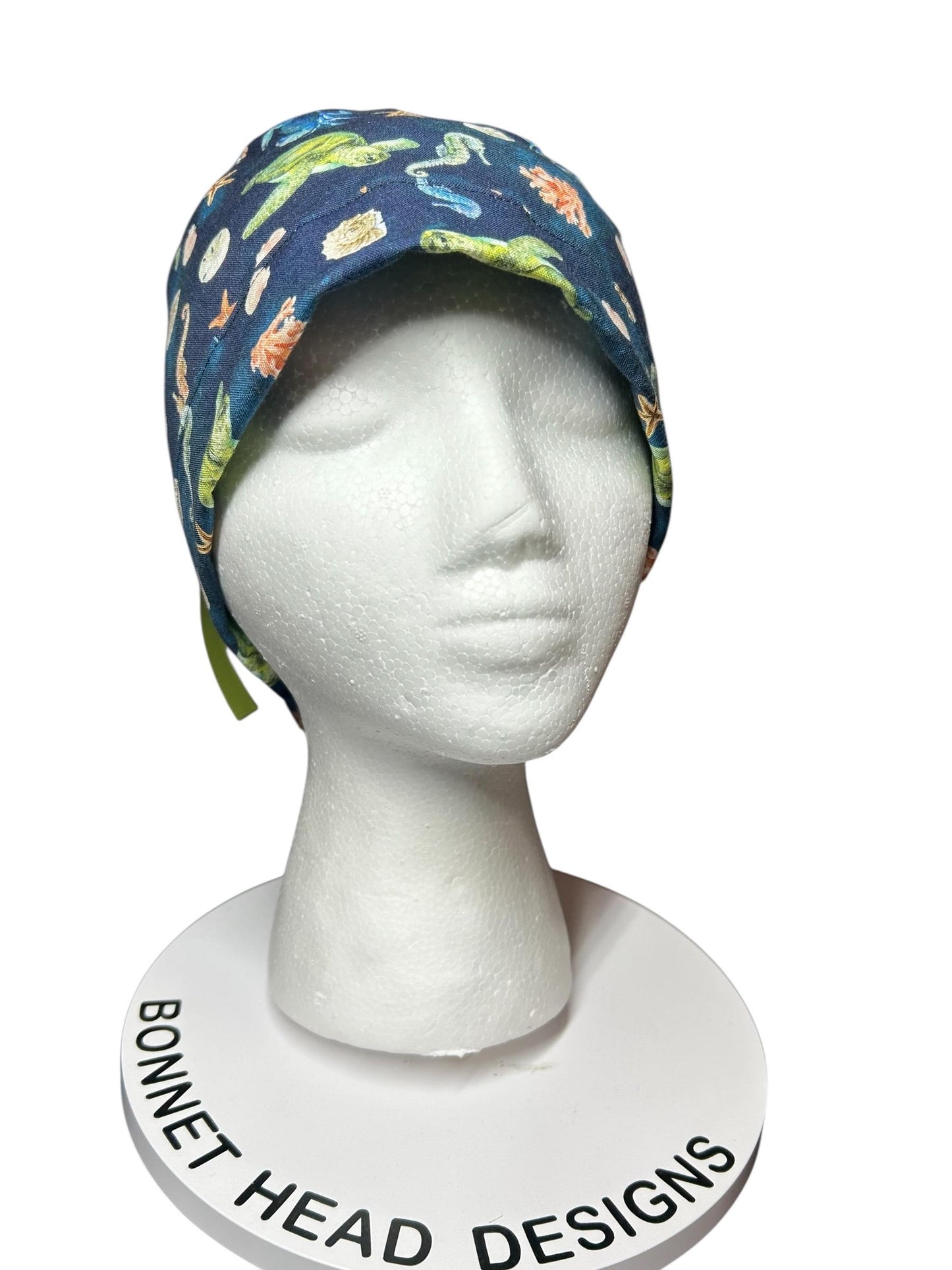 Ocean Print Ponytail Scrub Cap: women’s summer scrub hat with ribbon ties