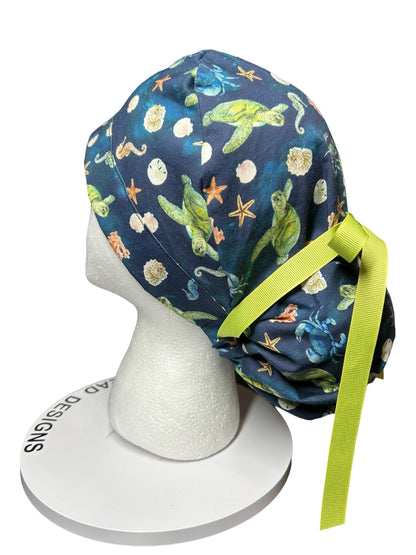 Ocean Print Ponytail Scrub Cap: women’s summer scrub hat with ribbon ties