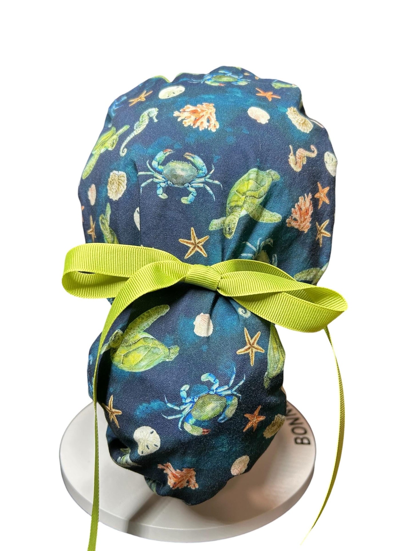Ocean Print Ponytail Scrub Cap: women’s summer scrub hat with ribbon ties