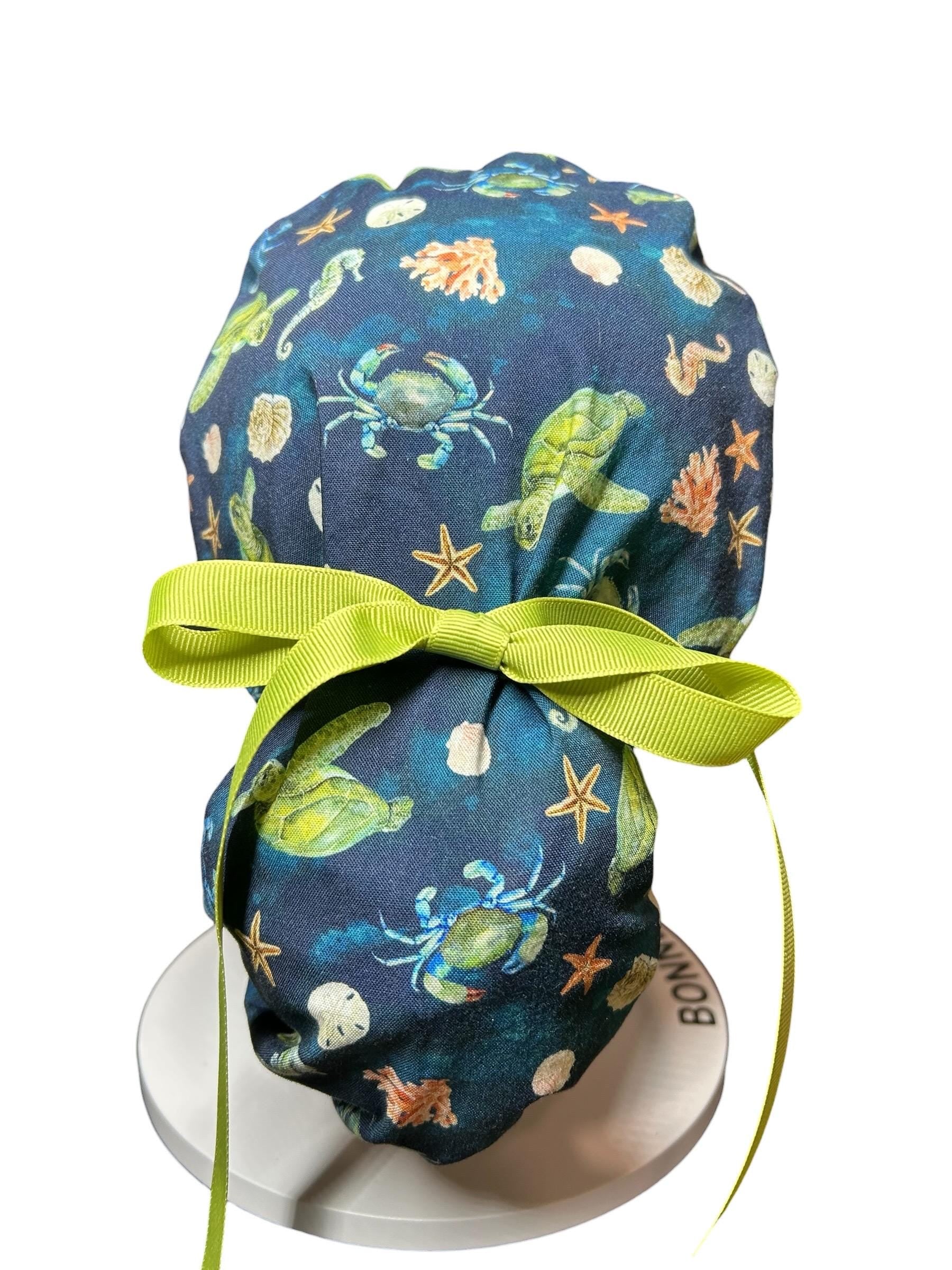 Ocean Print Ponytail Scrub Cap: women’s summer scrub hat with ribbon ties