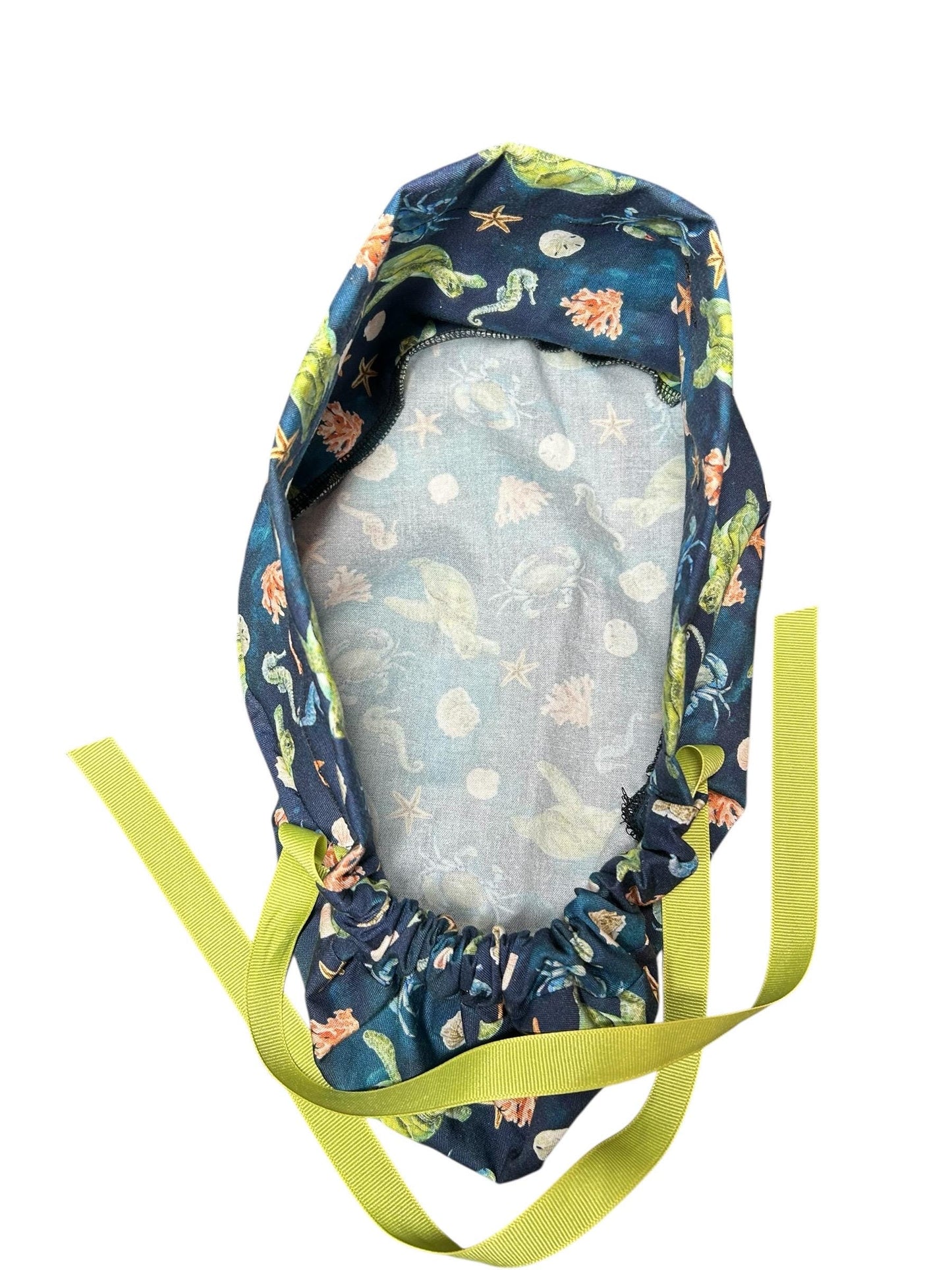 Ocean Print Ponytail Scrub Cap: women’s summer scrub hat with ribbon ties