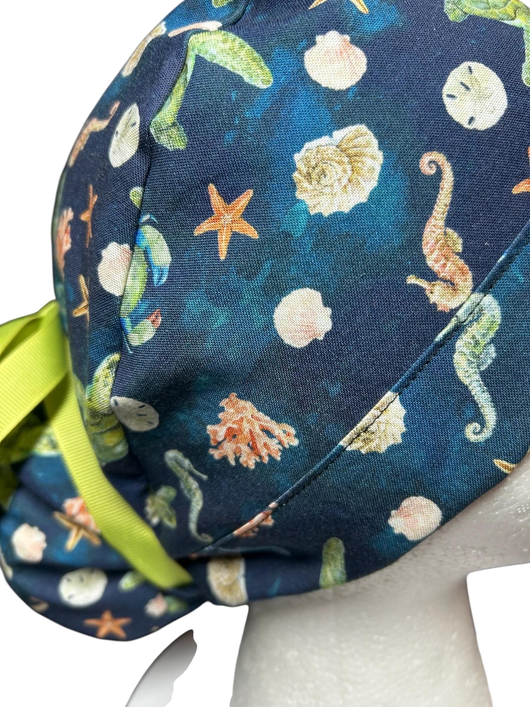 Ocean Print Ponytail Scrub Cap: women’s summer scrub hat with ribbon ties