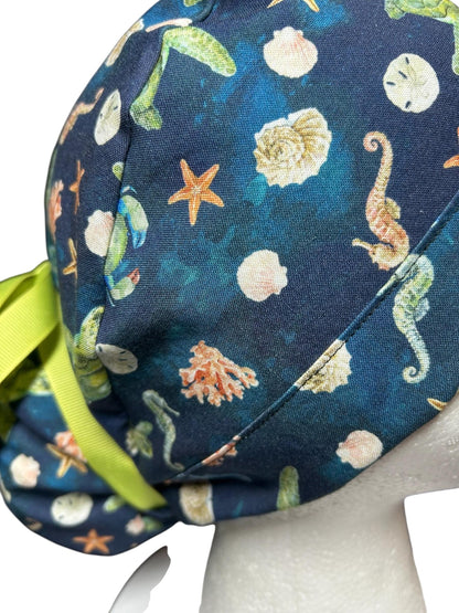 Ocean Print Ponytail Scrub Cap: women’s summer scrub hat with ribbon ties